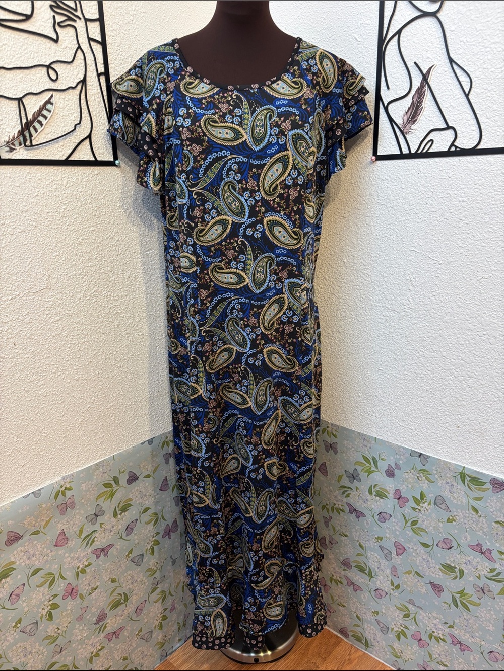 Perceptions New York black navy blue green paisley floral midi dress. Size XL.